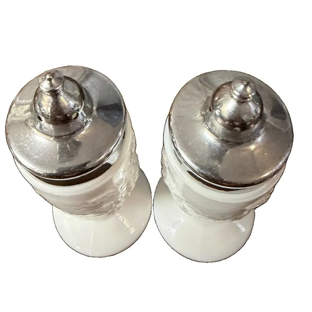 Vintage Imperial Milk Glass Grape Salt Pepper Shakers Chrome Lids Footed 5